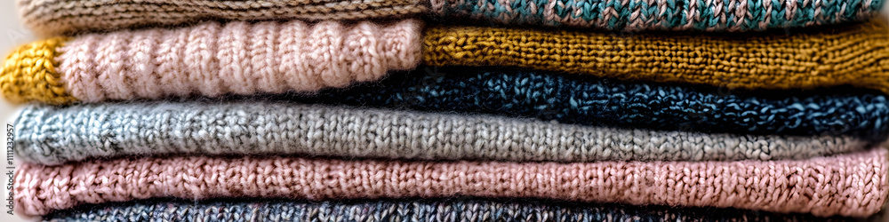 Cozy knitted sweaters stacked in a warm and inviting arrangement for winter fashion Cozy knitted sweaters stacked in a warm and inviting arrangement for winter fashion