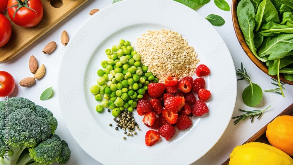 Many different fruits and vegetables on a plate Many different fruits and vegetables on a plate