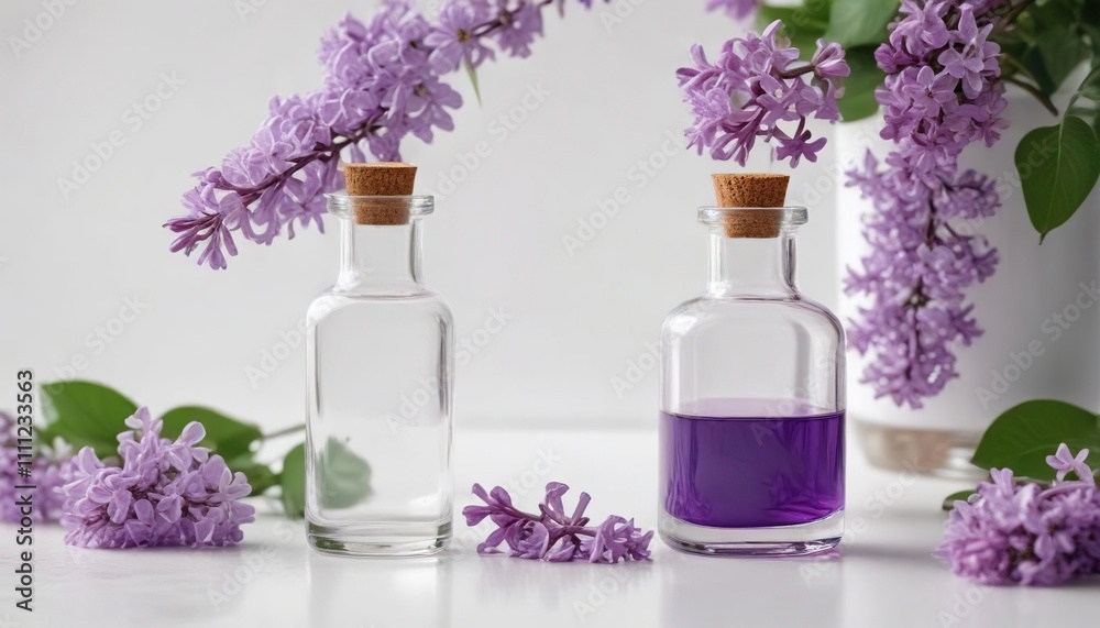 Clear glass dropper bottle filled with lilac essential oil and lilac flowers around on white background, relaxation therapy, therapeutic extract, natural fragrance Clear glass dropper bottle filled with lilac essential oil and lilac flowers around on white background, relaxation therapy, therapeutic extract, natural fragrance