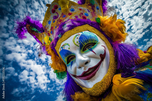 Mardi Gras jester with playful expression wearing vibrant costume and intricate face paint photo