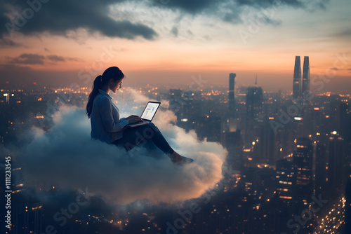A young businesswoman sits on a cloud high above the city, working on her laptop, symbolizing remote work, creativity, and modern cloud computing.