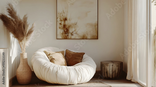 Cozy nook with a round snuggle chair, soft pillows, abstract art, and decorative vases in a neutral toned space. Shabby chic french country interior design of modern hall