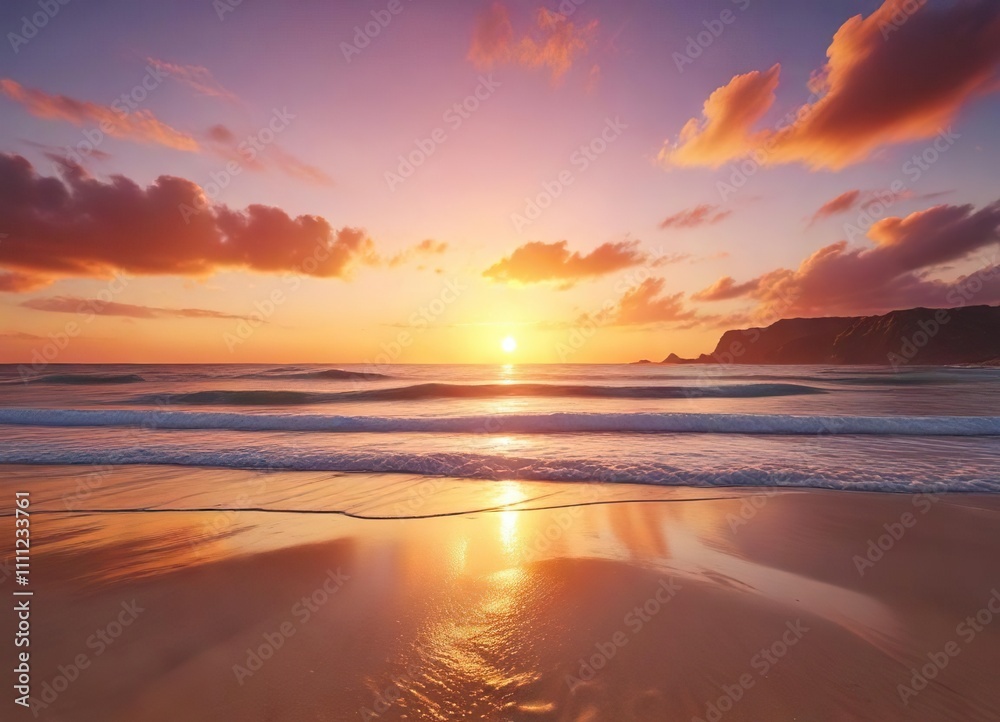 Obraz premium Colorful sunset casting warm hues across the beach, peaceful, destination