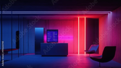 Modern minimalist living room featuring sleek furniture  vibrant neon lighting  and high-tech appliances for a stylish contemporary ambiance