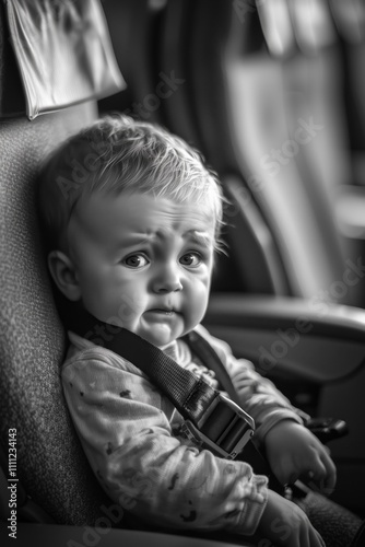 a small child of one and a half years old cries in the airplane cabin photo