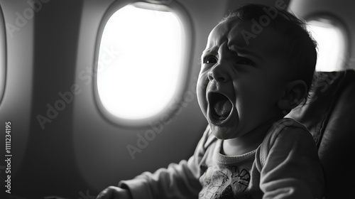 a small child of one and a half years old cries in the airplane cabin photo