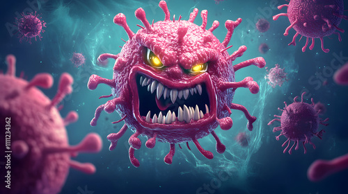 Fierce cartoon like bacteria with aggressive expression 