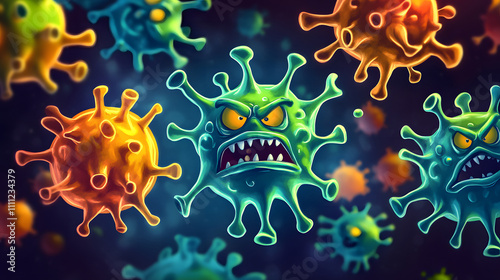 Fierce cartoon like bacteria with aggressive expression 
