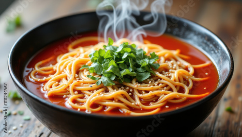 A bowl of spicy Korean noodles with steam rising from them.