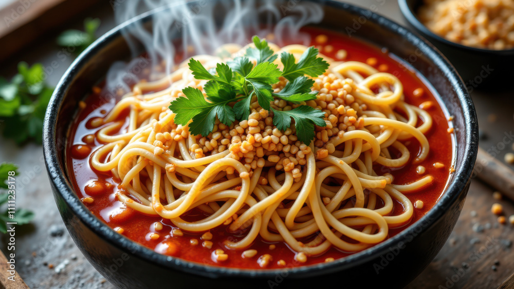 A bowl of spicy red-colored noodles with a garnish on top, served on a wooden table. A bowl of spicy red-colored noodles with a garnish on top, served on a wooden table.