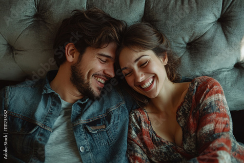 Positive happy young husband and wife relaxing on new comfortable pale grey sofa, hugging, talking and laughing.
