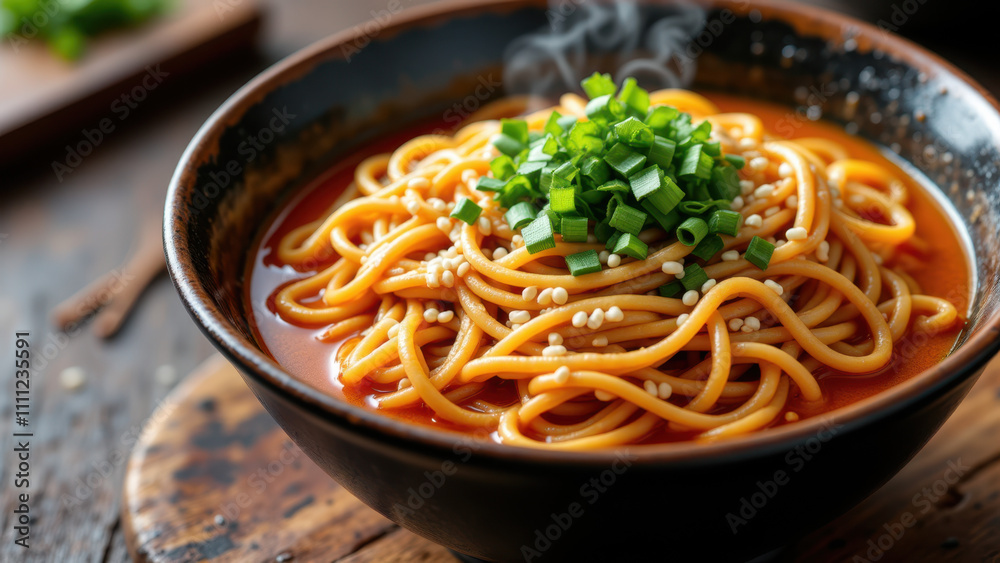 A bowl of hot Buldak Ramen with noodles and seasoning on top, ready to eat. A bowl of hot Buldak Ramen with noodles and seasoning on top, ready to eat.