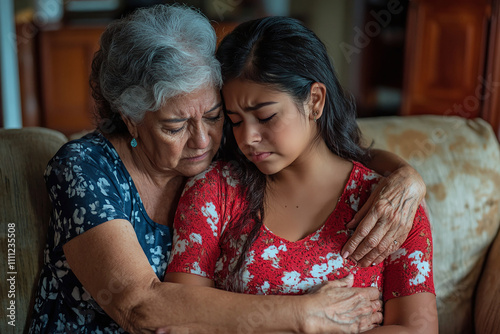 Sympathetic senior Latin mother consoling crying young daughter woman, giving support on emotional problems to upset frustrated stressed adult child.