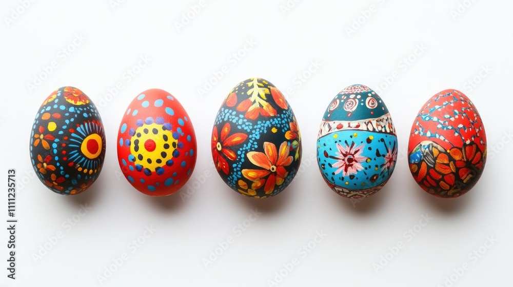 Charming Collection of Handcrafted Colorful Easter Eggs on White Background Charming Collection of Handcrafted Colorful Easter Eggs on White Background