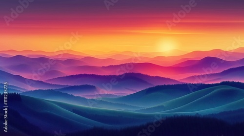 Colorful sunrise paints mountains, forest. Layers of hillsides in vibrant hues. Nature scene with vibrant sunset over forested landscapes. Stunning panorama with majestic hills at sunrise. Peaceful,