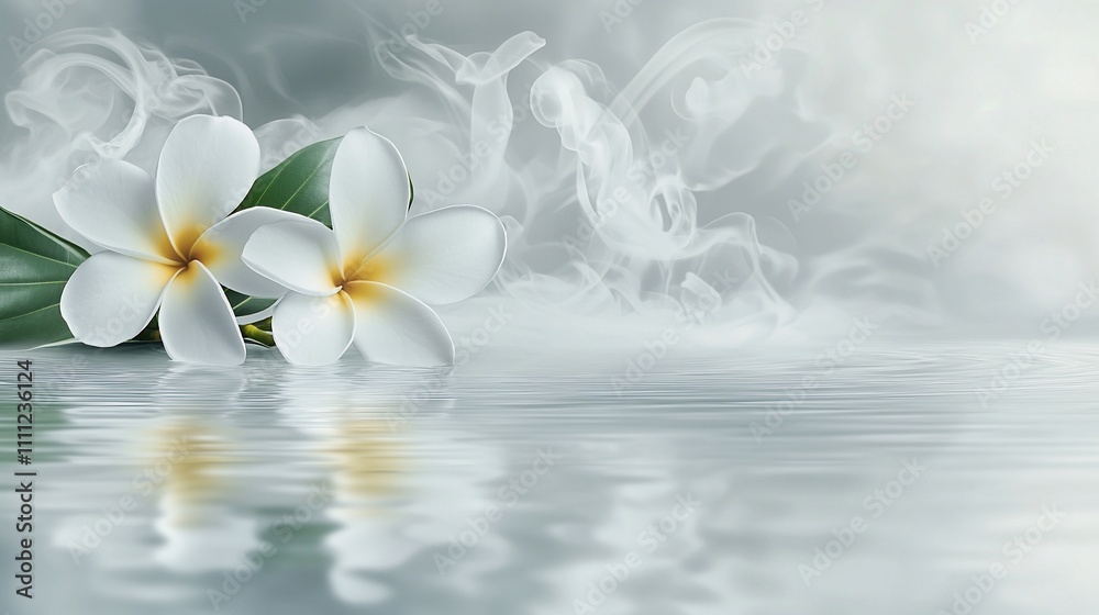 Two white plumeria flowers on water, with smoke background. Two white plumeria flowers on water, with smoke background.