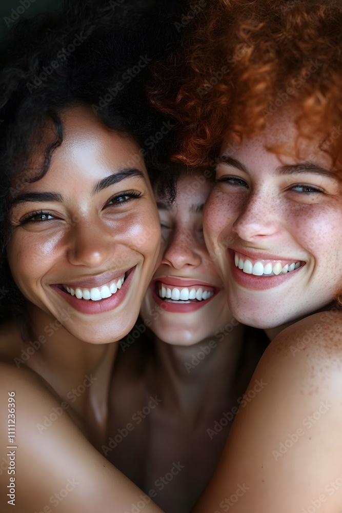 Three women are smiling and hugging each other Three women are smiling and hugging each other