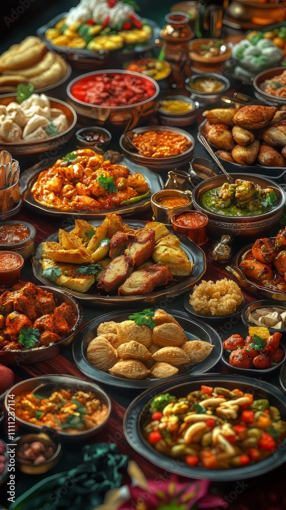 Obraz premium A table full of food with many different dishes. the food is colorful and appetizing. the table is set up for a buffet-style meal. indian food.