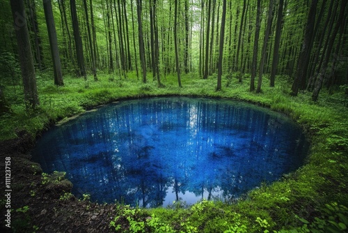 Enchanting Duck Pond Surrounded by Lush Woods in Ochiul Beiului, Romania - A Natural Beauty of Vibrant Colors and Tranquil Waters photo