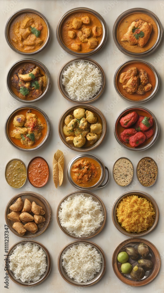 Assorted indian curry and rice dishes shot from overhead composition. indian food. Ultra realistic. Photorealistic hypermaximalist advertising photography hyper realistic fine detail Assorted indian curry and rice dishes shot from overhead composition. indian food. Ultra realistic. Photorealistic hypermaximalist advertising photography hyper realistic fine detail