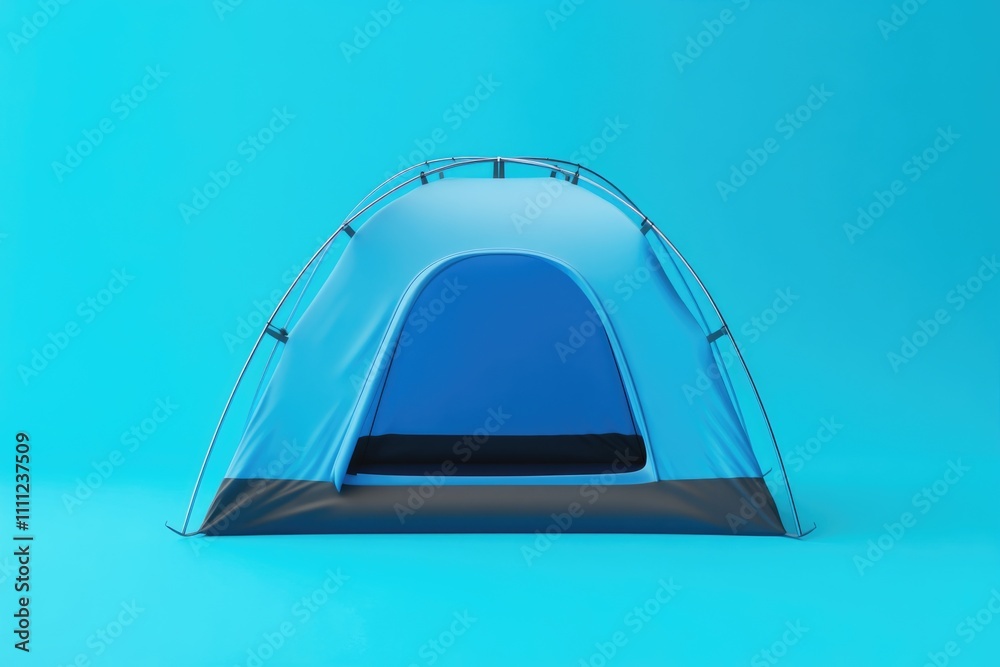 Three-Dimensional Camping Tent in a Vibrant Blue Adventure Setting with Backpack and Dome Elements Three-Dimensional Camping Tent in a Vibrant Blue Adventure Setting with Backpack and Dome Elements