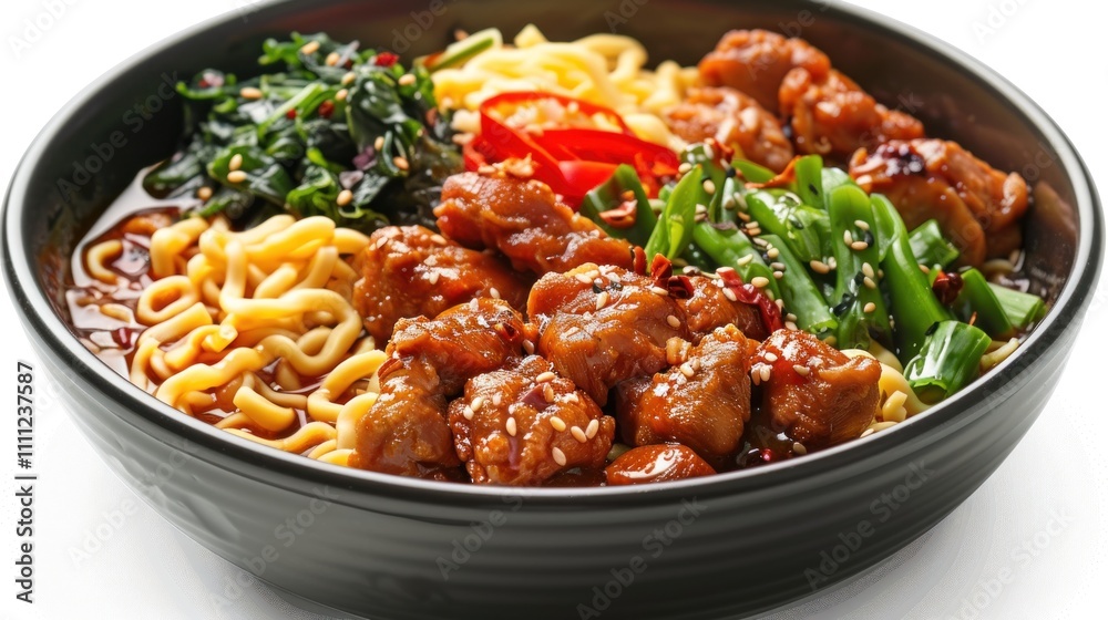 A bowl of delicious noodles topped with chicken, vegetables, and sauce. A bowl of delicious noodles topped with chicken, vegetables, and sauce.