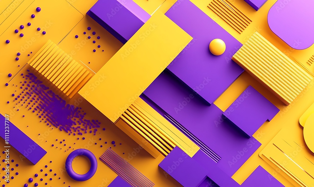 Abstract geometric composition in purple and yellow, featuring various shapes and textures.