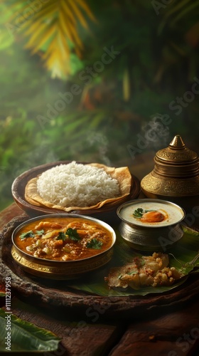 Authentic south indian full meals. indian food. Ultra realistic. Photorealistic hypermaximalist advertising photography hyper realistic fine detail