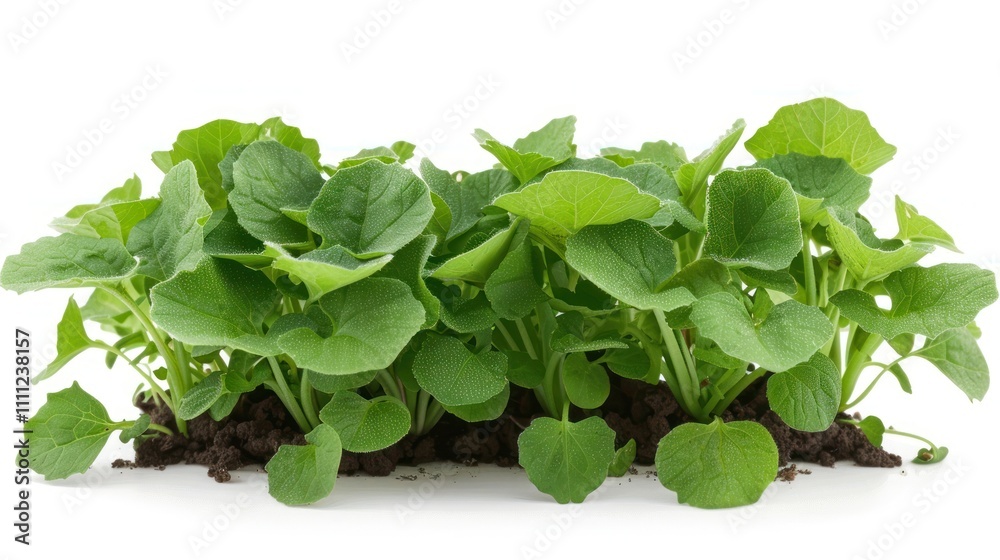 A cluster of young green plants emerging from rich soil. A cluster of young green plants emerging from rich soil.