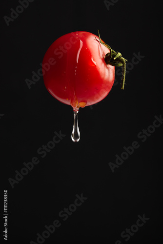 A fresh ripe red tomato with a green leaf flies in the air in water drops isolated on a black background. Concept of food levitation