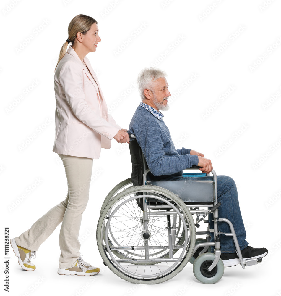 Woman with senior man in wheelchair on white background Woman with senior man in wheelchair on white background