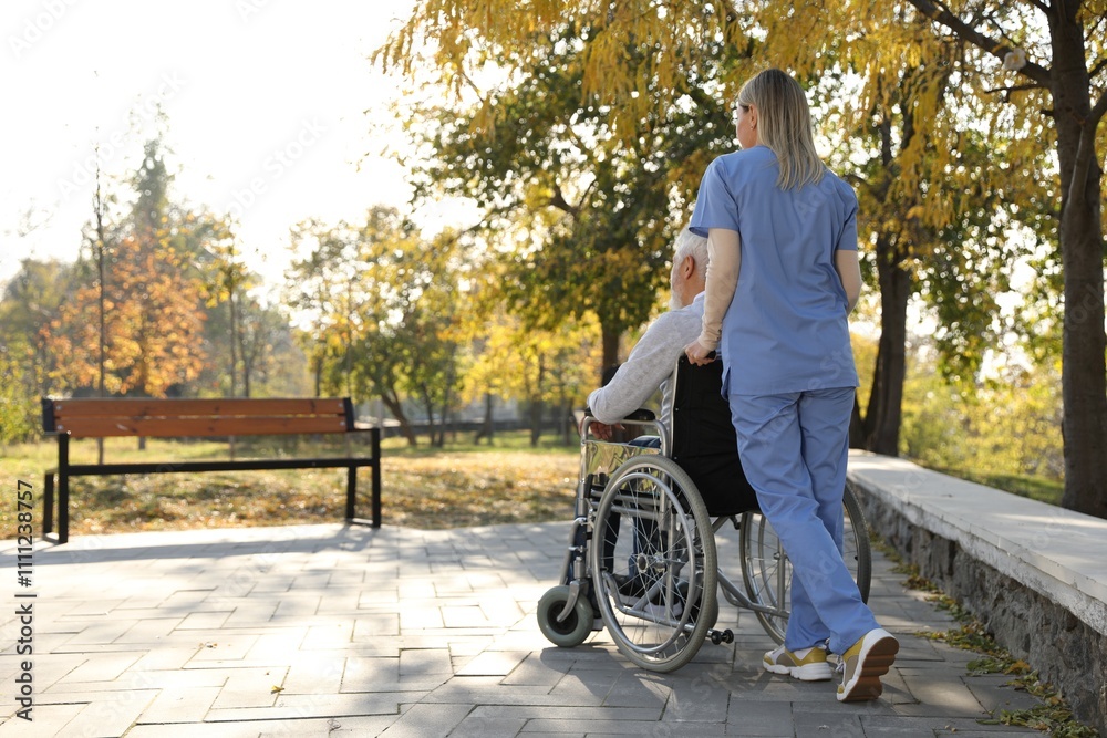 Caregiver assisting senior man on wheelchair in park, back view and space for text. Home health care service Caregiver assisting senior man on wheelchair in park, back view and space for text. Home health care service