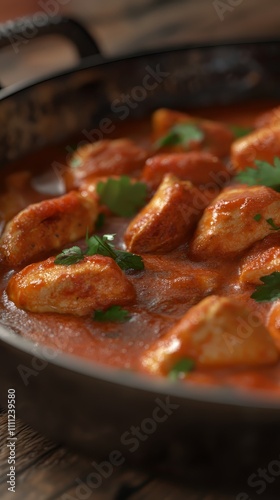 Indian chicken tikka masala curry in balti dish. indian food. Ultra realistic. Photorealistic hypermaximalist advertising photography hyper realistic fine detail