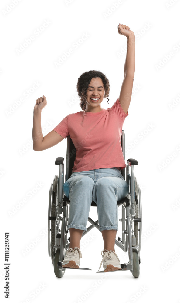 Happy woman in wheelchair on white background Happy woman in wheelchair on white background