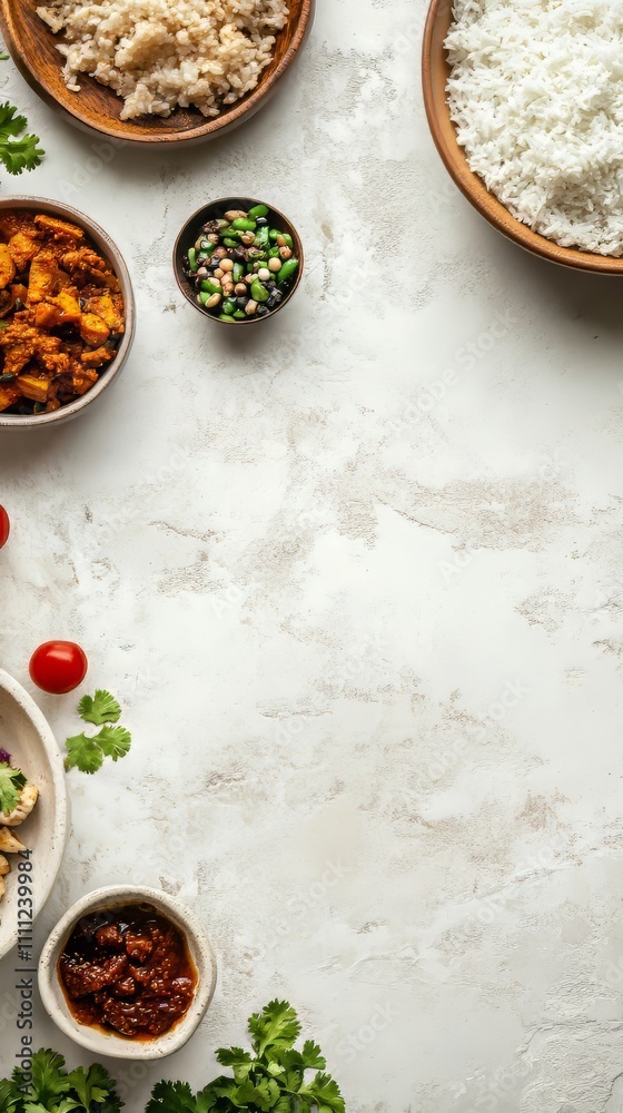Indian ethnic food buffet on white concrete table with copy space, top view. indian food. Ultra realistic. Photorealistic hypermaximalist advertising photography hyper realistic fine detail Indian ethnic food buffet on white concrete table with copy space, top view. indian food. Ultra realistic. Photorealistic hypermaximalist advertising photography hyper realistic fine detail