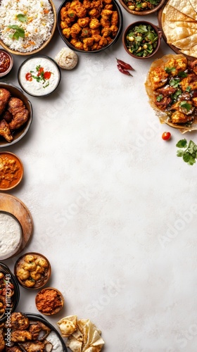 Indian ethnic food buffet on white concrete table with copy space, top view. indian food. Ultra realistic. Photorealistic hypermaximalist advertising photography hyper realistic fine detail