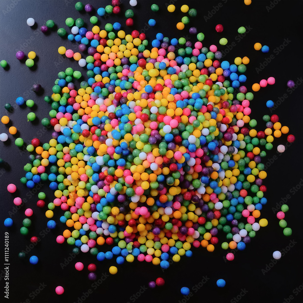 Small plastic balls in various bright colors are scattered on a black background. Small plastic balls in various bright colors are scattered on a black background.