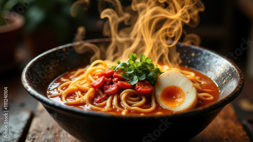 Hot buldak ramen with egg in a bowl, ready to serve. photo