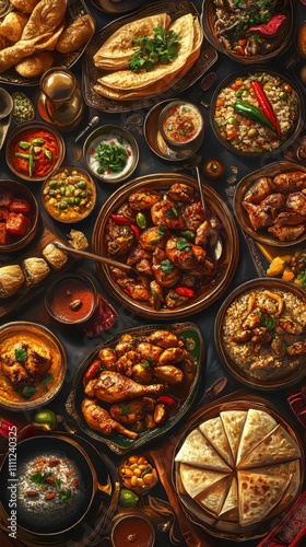 Indian food collage assorted , chicken, palak paneer, chiken tikka, biryani,. indian food. Ultra realistic. Photorealistic hypermaximalist advertising photography hyper realistic fine detail