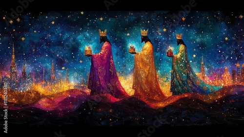 Three wise men in vibrant robes traveling under starry night sky
