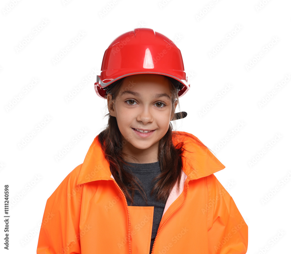 Girl with hardhat and vest pretending to be firefighter on white background. Dreaming of future profession