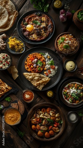 Top down of various appetising indian dishes on table. indian food. Ultra realistic. Photorealistic hypermaximalist advertising photography hyper realistic fine detail