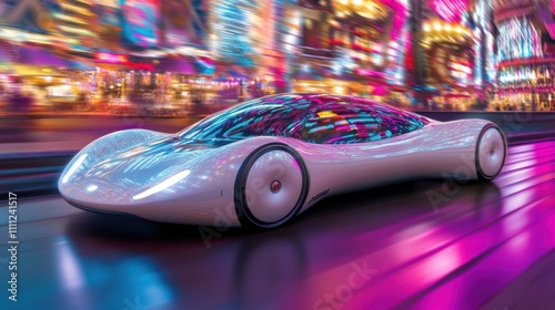 Futuristic sleek concept vehicle in vibrant cityscape with neon lights, showcasing cutting-edge automotive design and innovative technology for modern transport solutions photo