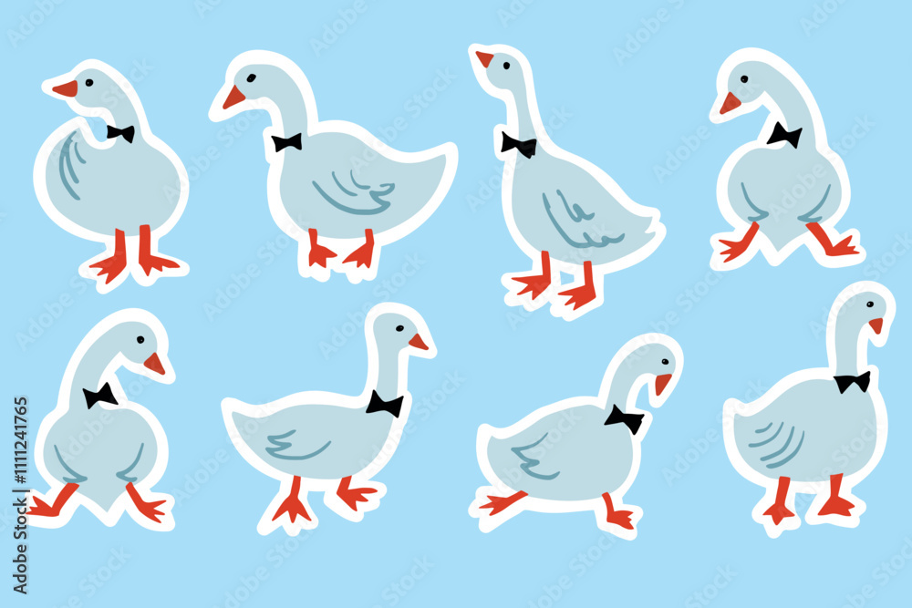 Obraz premium White Goose Birthday Card Design Vector Cute Bird isolated Set