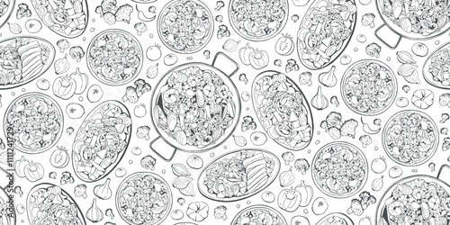 Salad Vegetable Ingredients Seamless Pattern, Mediterranean Food Sketch Vector Illustration