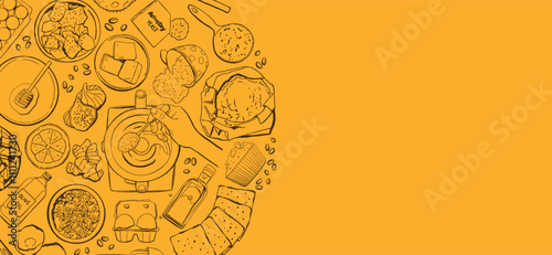 Cooking Classes Template with Food Ingredients and Tools Doodles on Orange Background