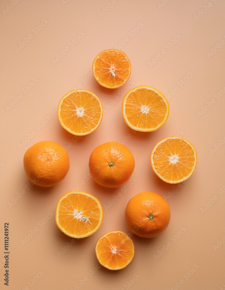 Small pieces of orange fruit arranged in an Abstract Fruit Pattern composition on a plain background Small pieces of orange fruit arranged in an Abstract Fruit Pattern composition on a plain background