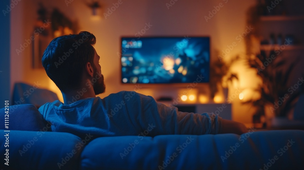 Man relaxing on sofa, watching TV at night. Man relaxing on sofa, watching TV at night.
