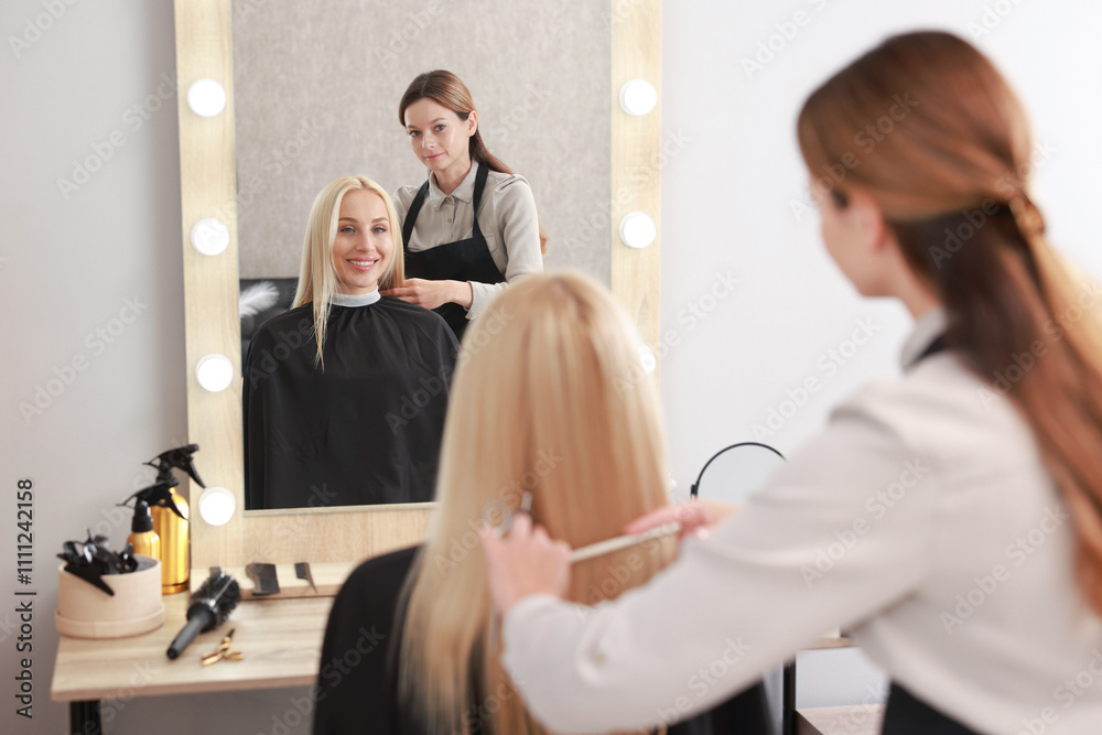 Professional hairdresser combing woman's hair in salon, selective focus Professional hairdresser combing woman's hair in salon, selective focus