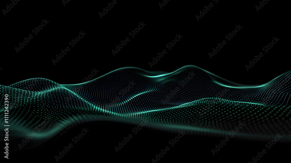 Abstract technology wave of particles. Big data visualization. Dark background with motion green lines. Artificial intelligence. 3d rendering. Abstract technology wave of particles. Big data visualization. Dark background with motion green lines. Artificial intelligence. 3d rendering.
